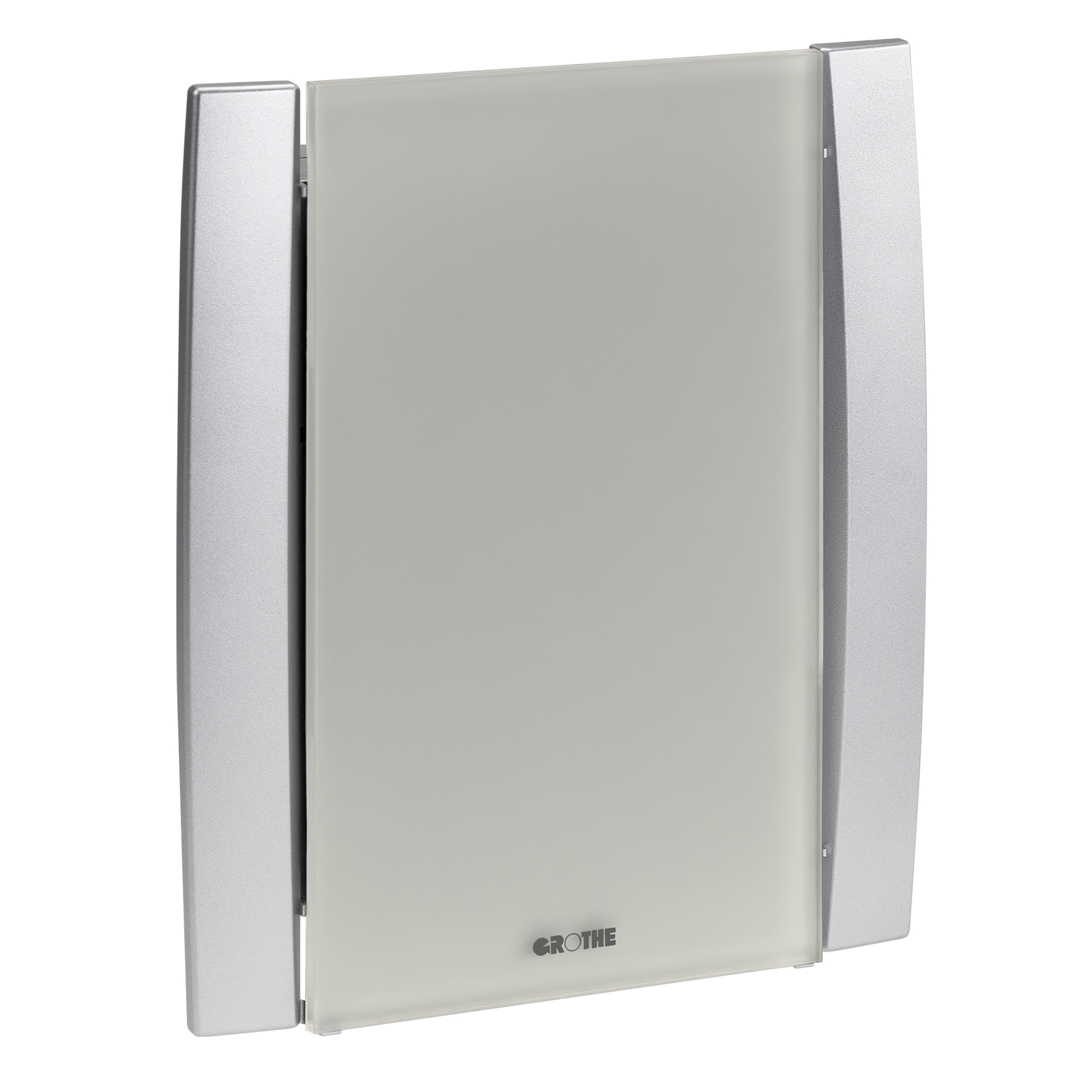 Elektronik-Gong mit satinierter grauer Acrylfront und silberfarbenen Seiten, leicht schräge Frontalansicht.