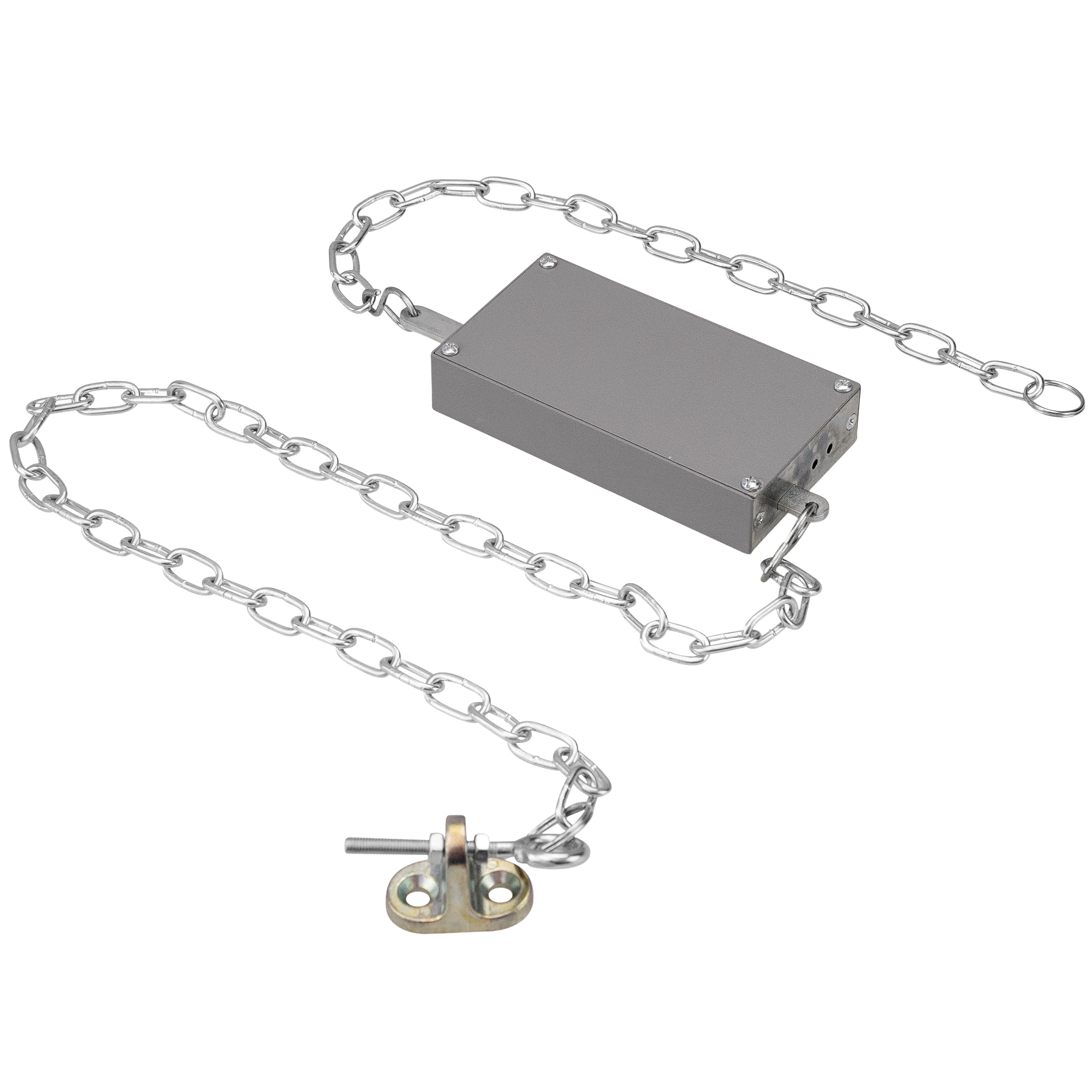 Kettenzugtüröffner mit grauer Box und Ketten auf beiden Seiten