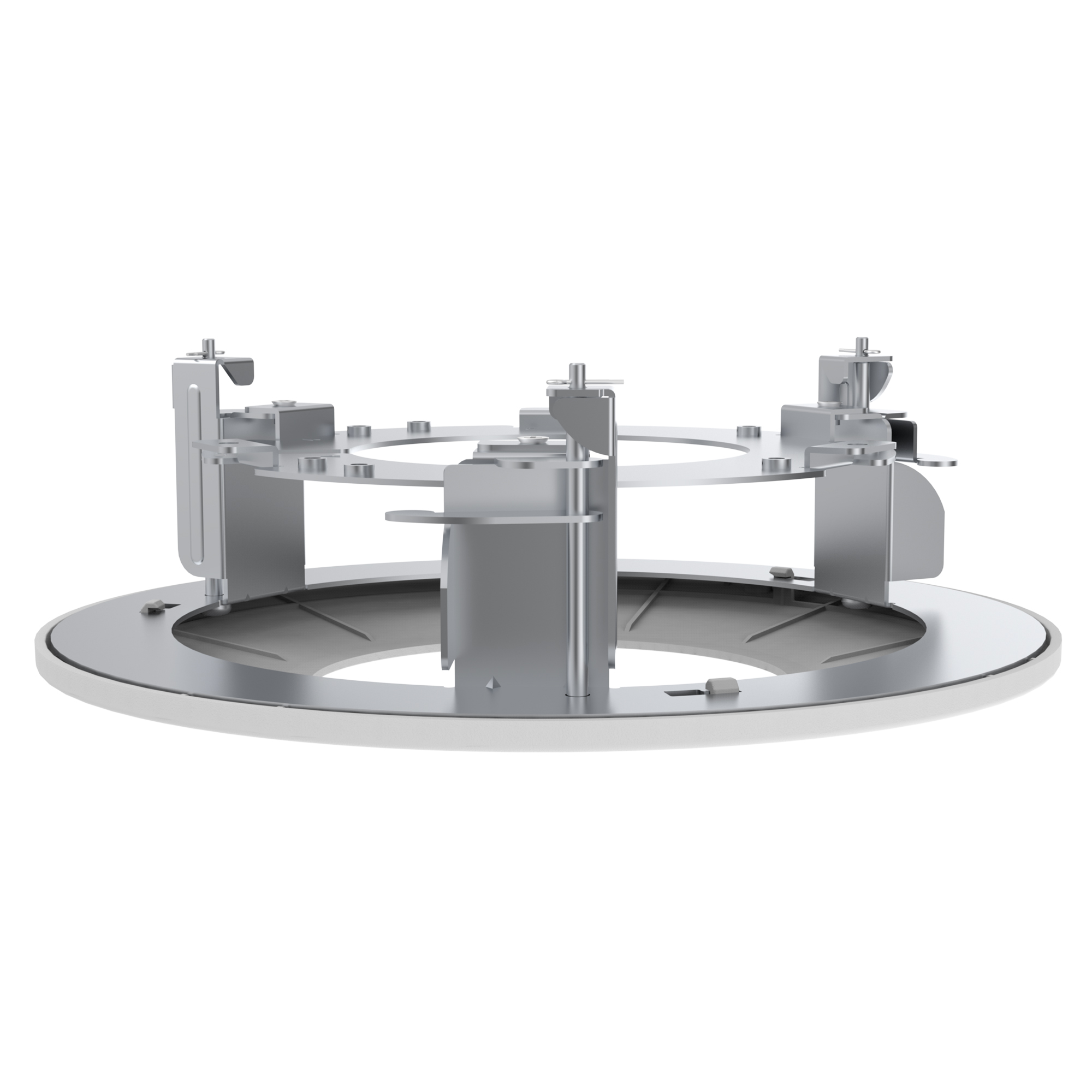 Runder Deckenmontagerahmen aus Metall mit Halteklammern und zentraler Öffnung, seitliche Perspektive