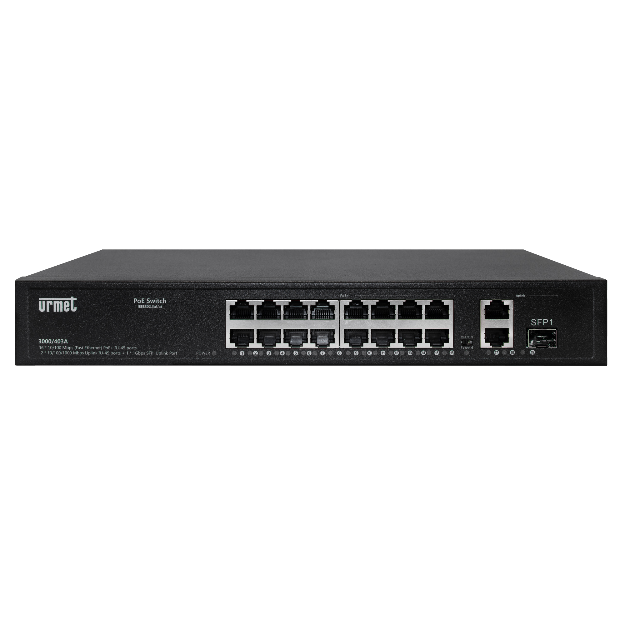 PoE-Switch mit 24 Ethernet-Ports, 2 Uplink-Ports und 1 SFP-Port, schwarz, frontal aufgenommen
